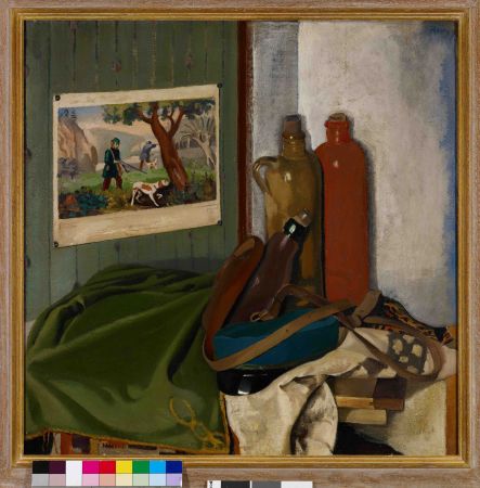 Ernst Georg Rueegg: Stilleben mit Steinkrügen und Jagdbild