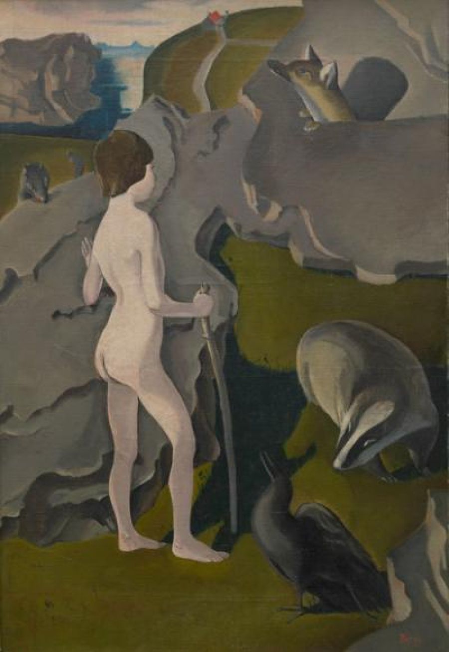 Ernst Georg Rüegg, Knäblein, von bösen Tieren umstellt, 1918, Öl auf Leinwand, 55 x 37.5 cm, Vereinigung Schaffhauser Kunstfreunde